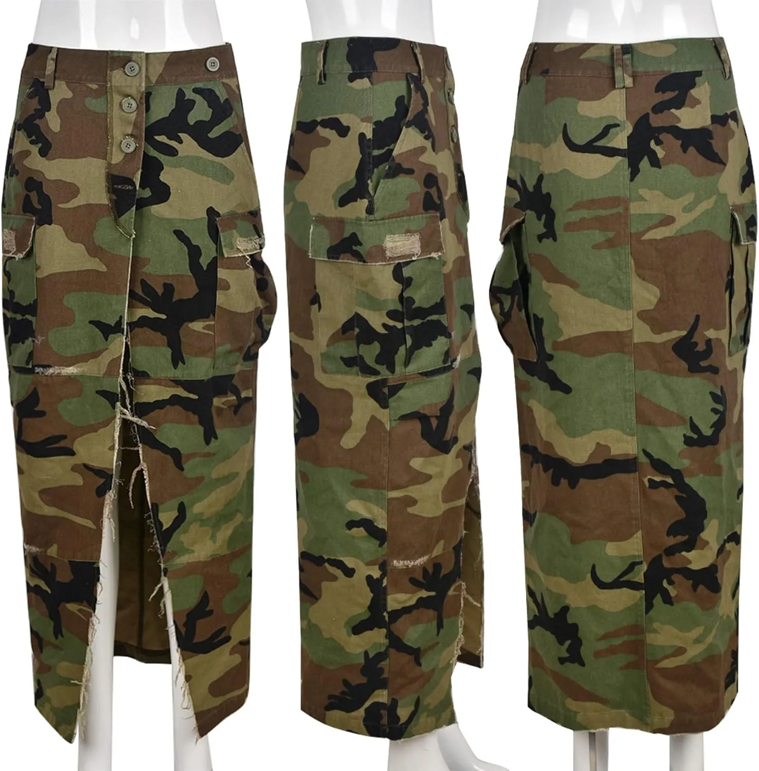 Vaceky Women's Camouflage Midi Cargo Skirt High Slit Button Wasit Wrap Skirts Y2K Streetwear