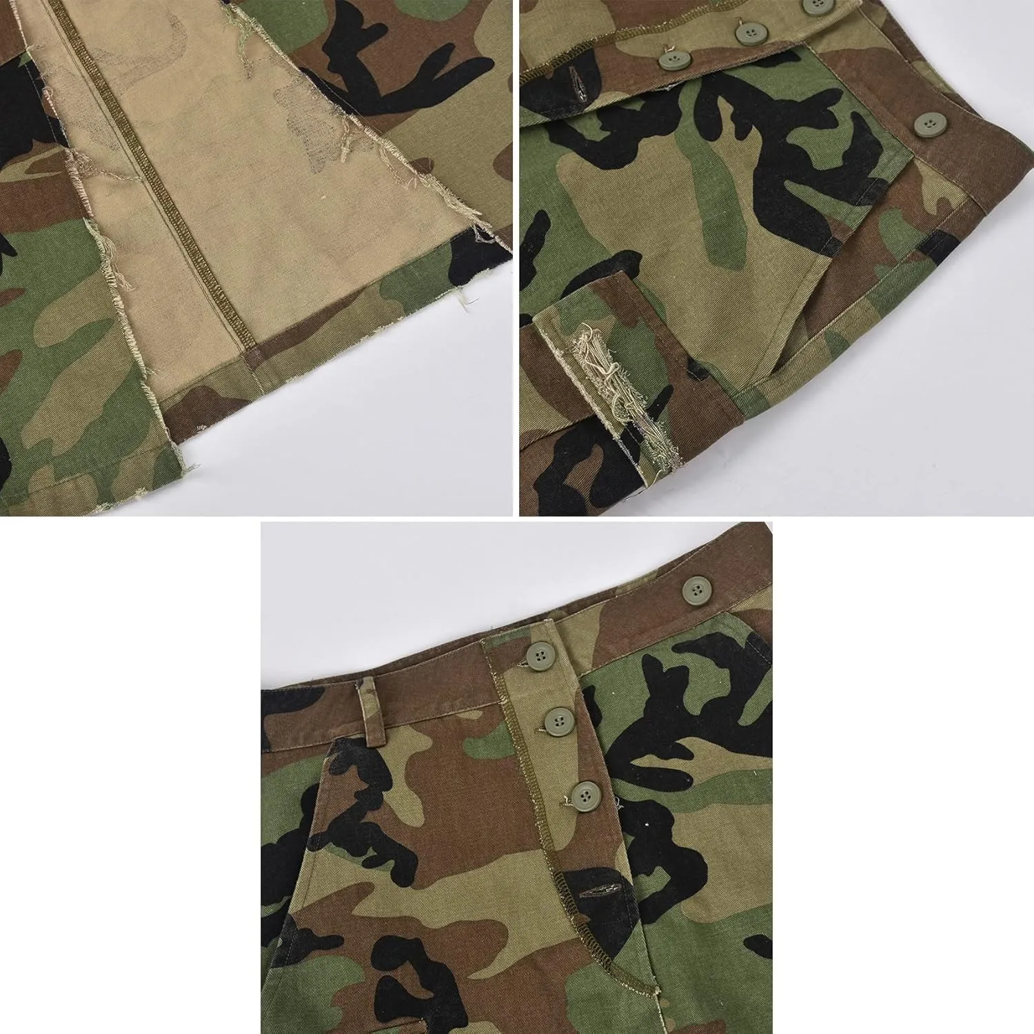 Vaceky Women's Camouflage Midi Cargo Skirt High Slit Button Wasit Wrap Skirts Y2K Streetwear