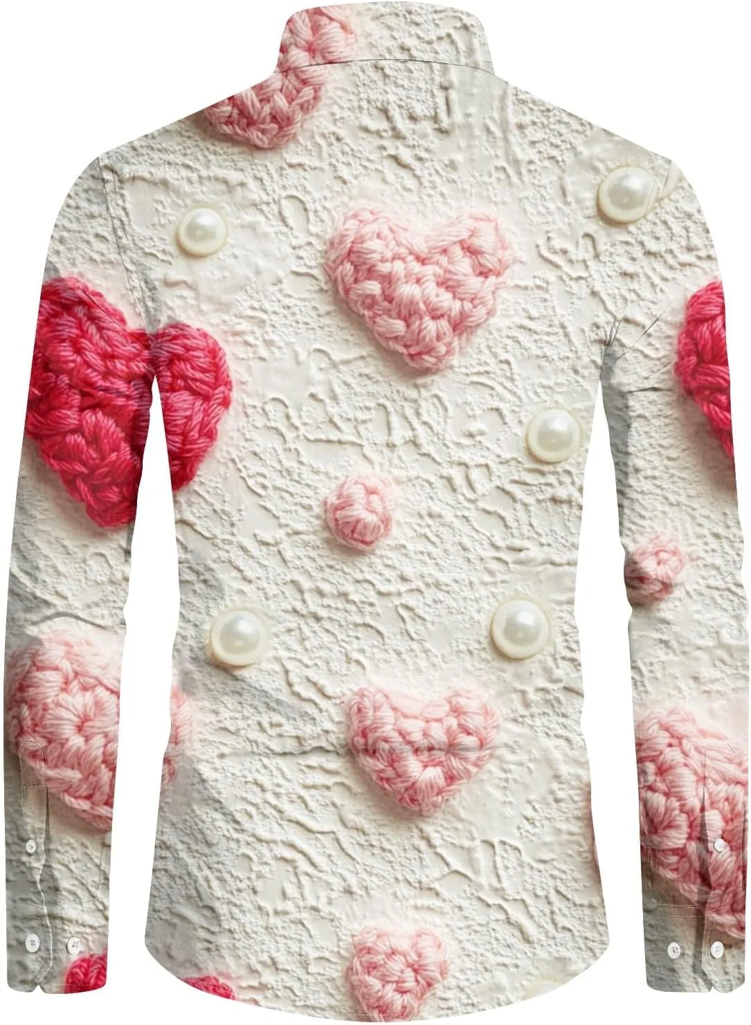 Valentines Day Dress Shirt for Men Casual Lapel Long Sleeve Love Heart Print Button Down Hawaiian Vacation Shirts