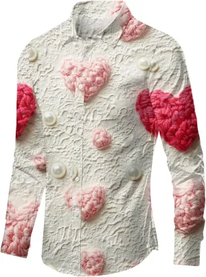 Valentines Day Dress Shirt for Men Casual Lapel Long Sleeve Love Heart Print Button Down Hawaiian Vacation Shirts