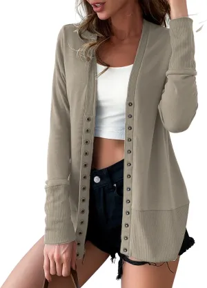 VERABENDI Women Long Sleeve Snaps Button Down V Neck Cute Knit Sweater Cardigan