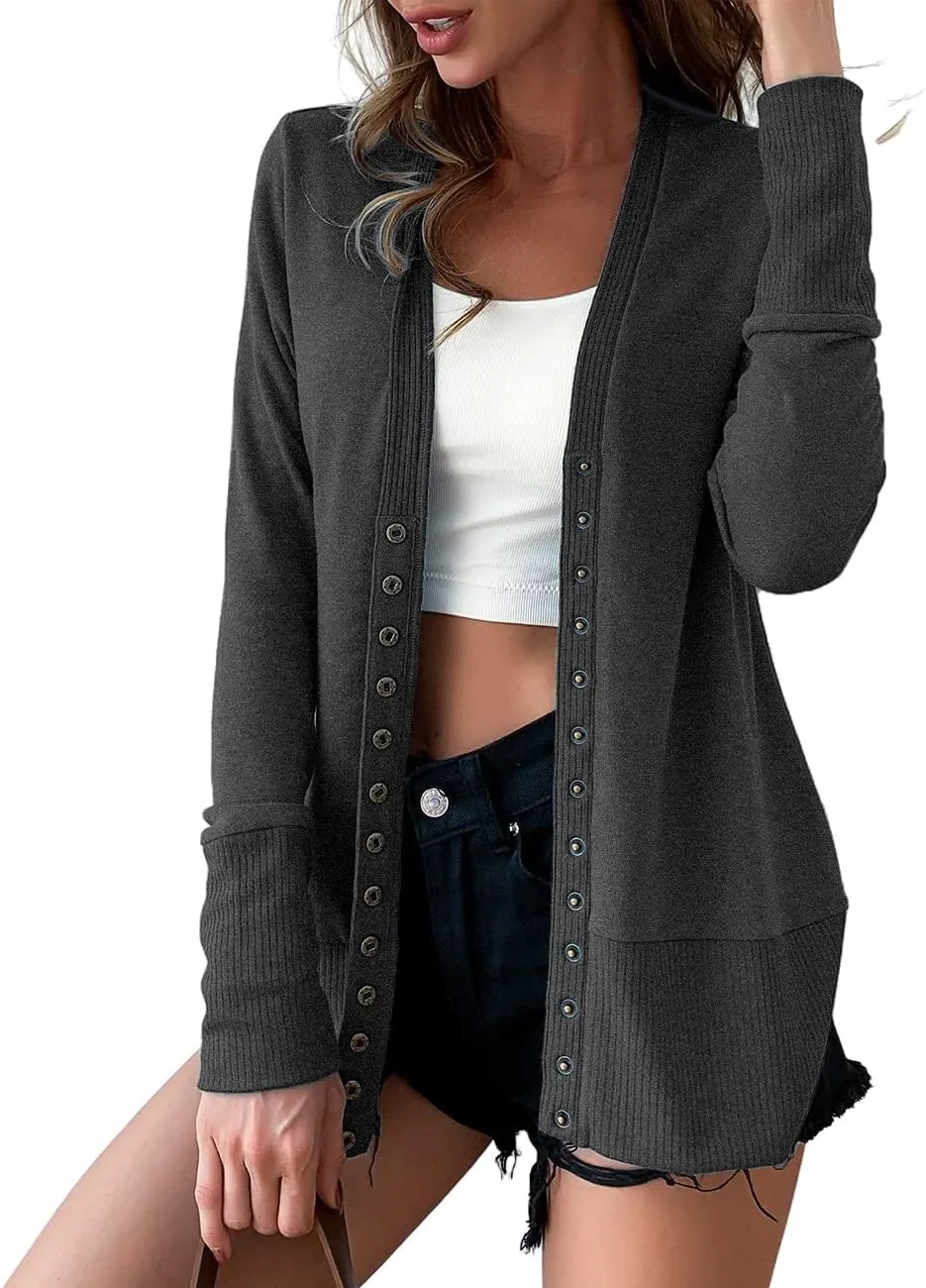 VERABENDI Women Long Sleeve Snaps Button Down V Neck Cute Knit Sweater Cardigan