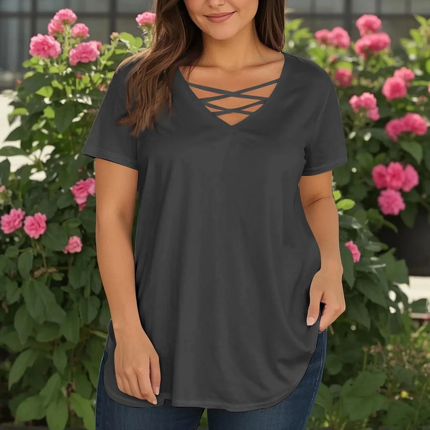 Vestidos De Verano para Mujer 2025 Casual Loose Elegant Short Sleeve V-Neck Solid Shirt Tops Outfits, L-4XL