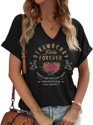 Vintage Rock Band T Shirt for Women Fashion Musical Tees Casual Sexy Notched V-Neck T Shirts Country Music Short Sleeve Tees