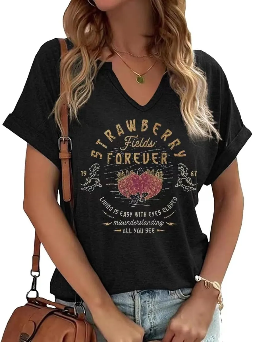 Vintage Rock Band T Shirt for Women Fashion Musical Tees Casual Sexy Notched V-Neck T Shirts Country Music Short Sleeve Tees