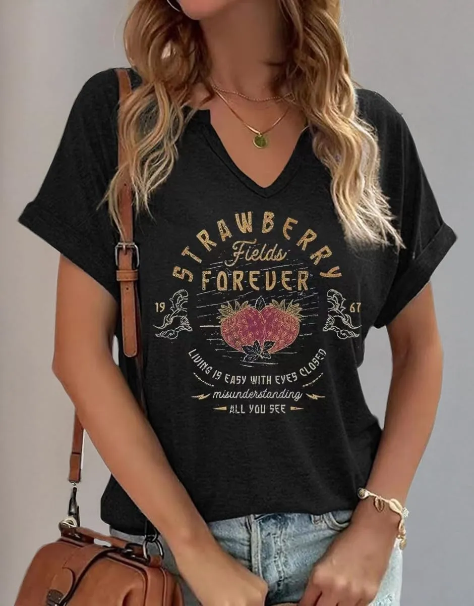Vintage Rock Band T Shirt for Women Fashion Musical Tees Casual Sexy Notched V-Neck T Shirts Country Music Short Sleeve Tees