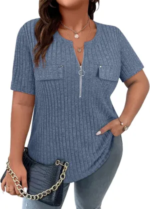 Viracy Plus Size Womens Tops 1/4 Zip Up Casual Shirts Lightweight Short Sleeve Tunics