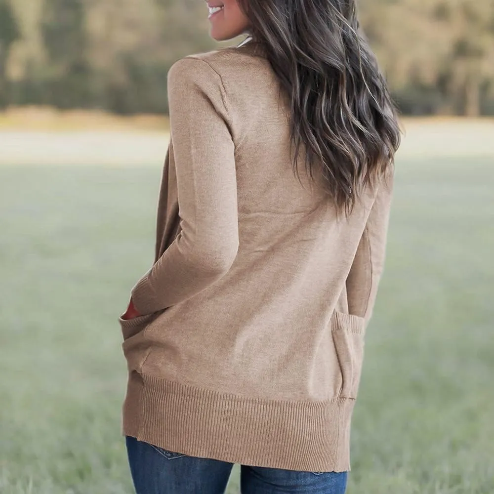 VOIANLIMO Women's Open Front Casual Long Sleeve Knit Classic Sweaters Cardigan with Pockets