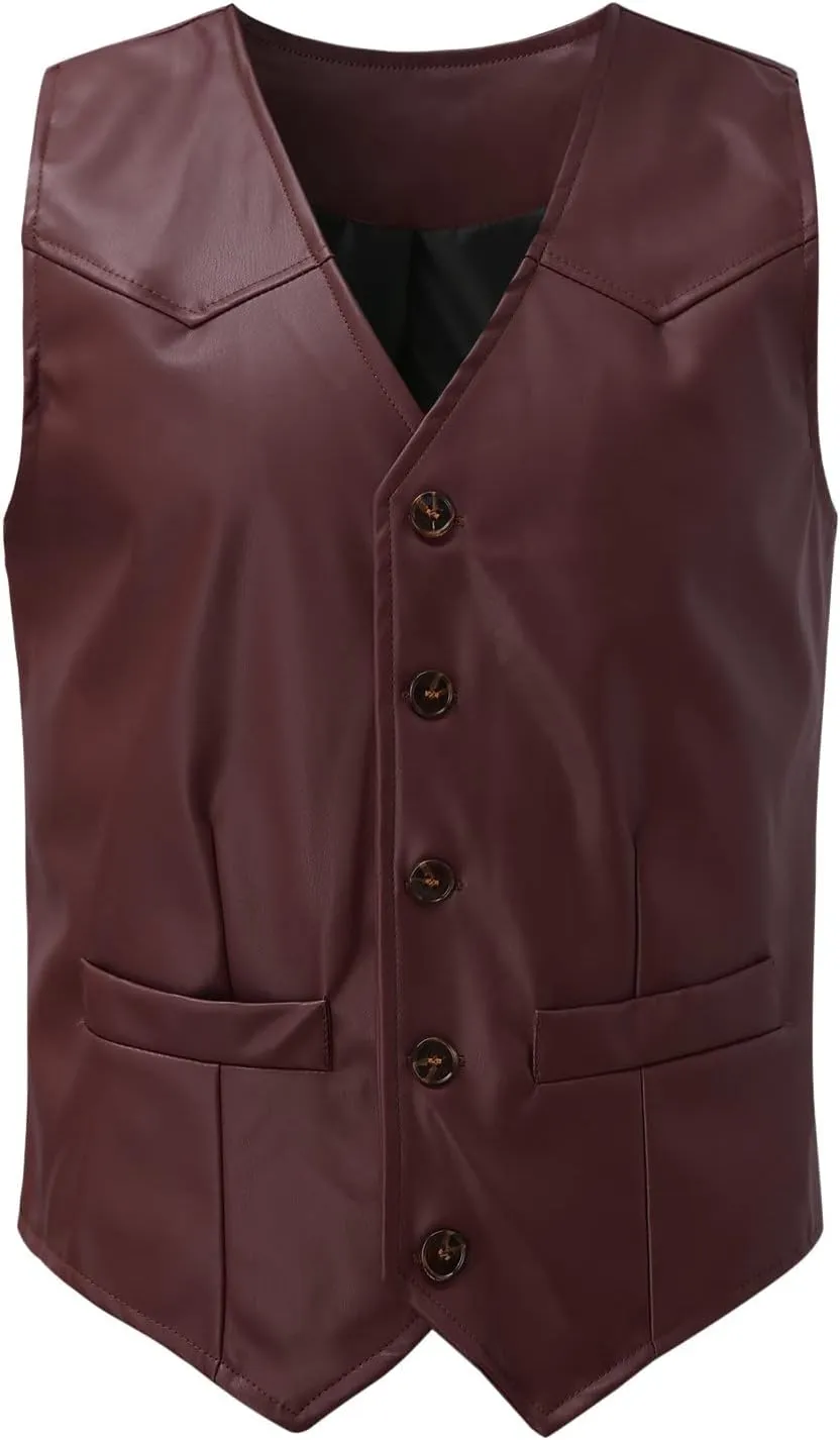 WABEOR Men's Vintage Faux Leather Vest Slim Fit Casual Single-Breasted Cowboy Suit Vest Retro Western Waistcoat with Pockets