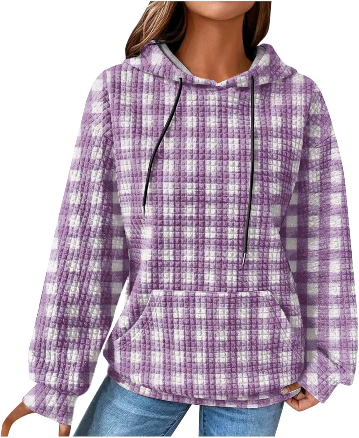 Waffle Hoodie Sweatshirts for Women Long Sleeve Shirts Fall Casual Tops Blouse Plaid Pullover with Pocket 2024, Small