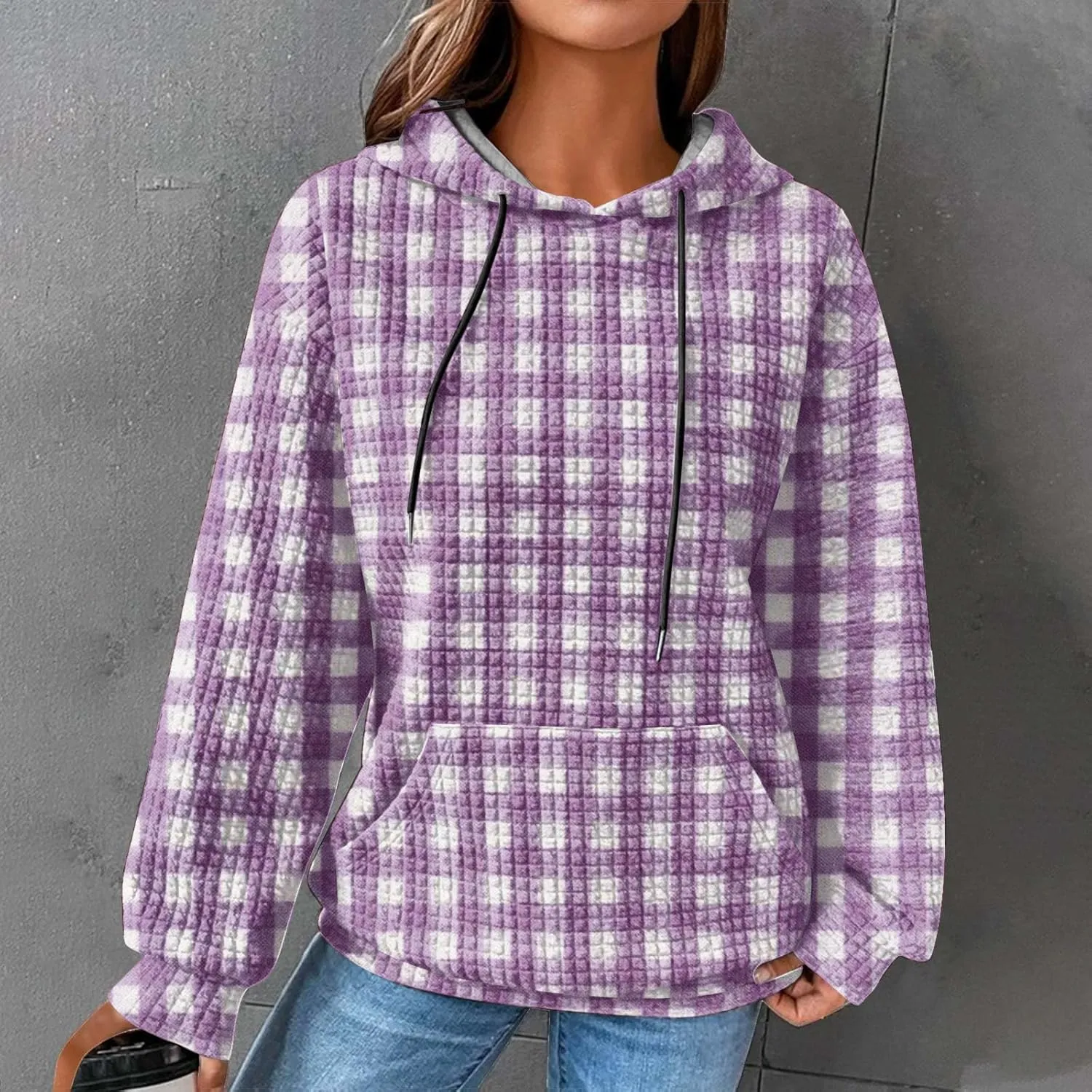 Waffle Hoodie Sweatshirts for Women Long Sleeve Shirts Fall Casual Tops Blouse Plaid Pullover with Pocket 2024, Small