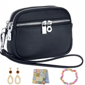 Wallet Women Coin Purse Set Genuine Leather Small Wallet Ladies Mini Purse Clutch, With Earrings,Bracelet,Makeup Mirror (Black)