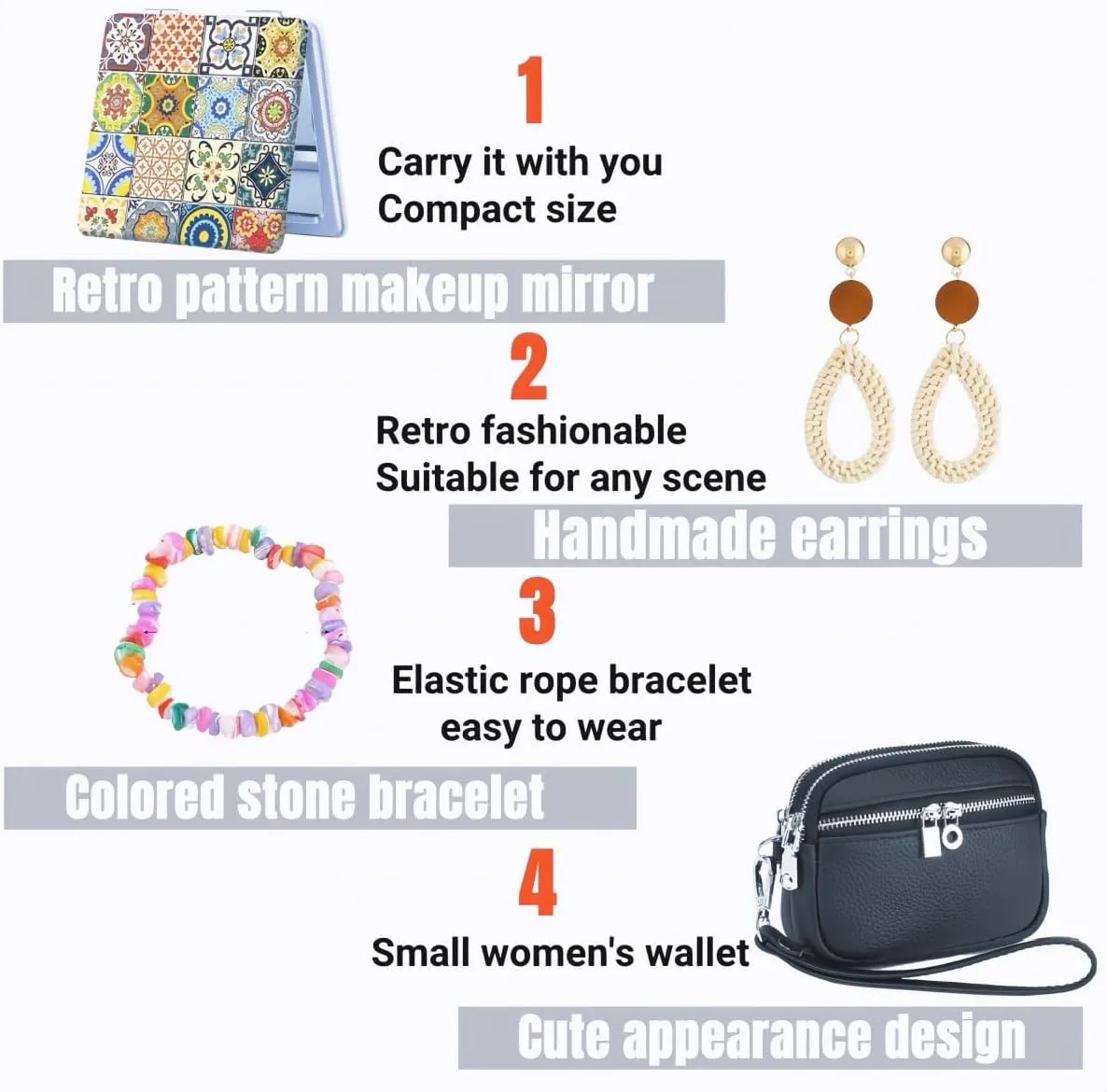 Wallet Women Coin Purse Set Genuine Leather Small Wallet Ladies Mini Purse Clutch, With Earrings,Bracelet,Makeup Mirror (Black)