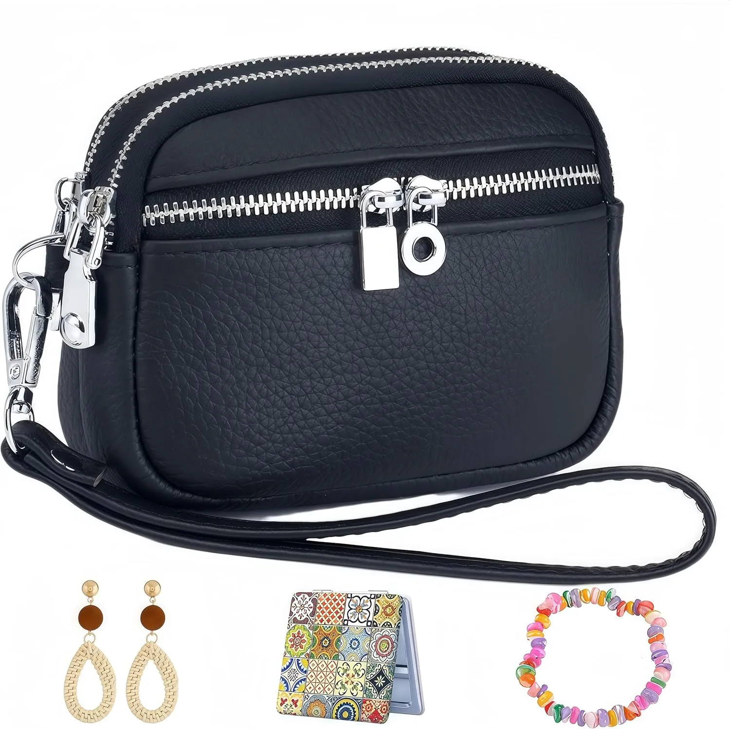 Wallet Women Coin Purse Set Genuine Leather Small Wallet Ladies Mini Purse Clutch, With Earrings,Bracelet,Makeup Mirror (Black)
