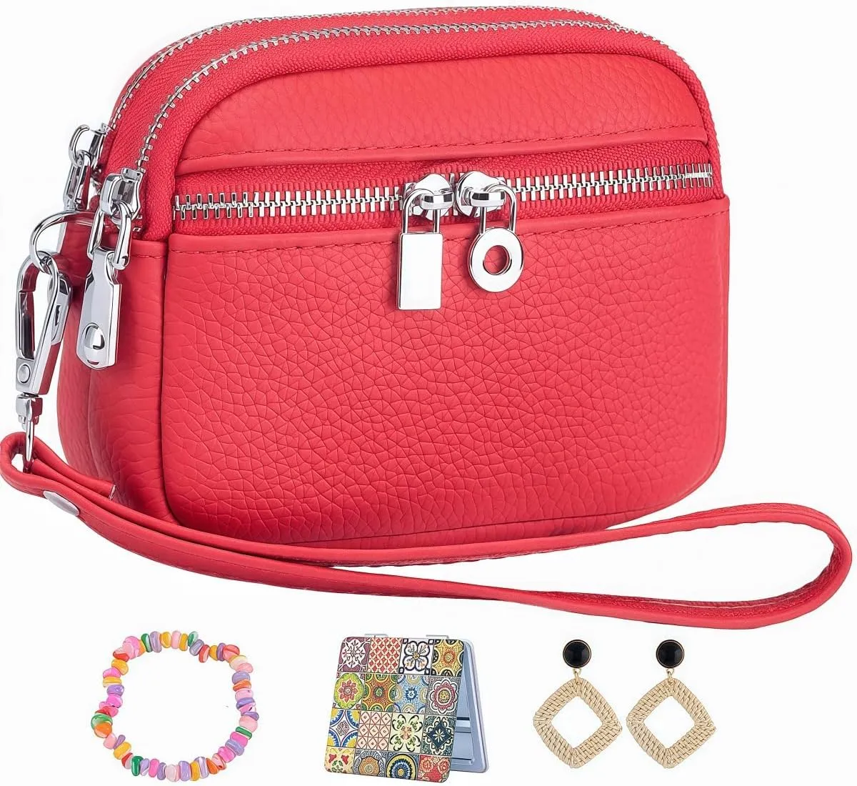 Wallet Women Coin Purse Set Genuine Leather Small Wallet Ladies Mini Purse Clutch, With Earrings,Bracelet,Makeup Mirror (Red)