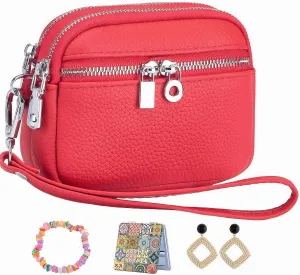 Wallet Women Coin Purse Set Genuine Leather Small Wallet Ladies Mini Purse Clutch, With Earrings,Bracelet,Makeup Mirror (Red)