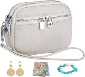 Wallet Women Coin Purse Set Genuine Leather Small Wallet Ladies Mini Purse Clutch, With Earrings,Bracelet,Makeup Mirror (White)