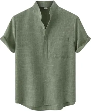 Wankang Mens Summer Casual Linen Shirts Short Sleeve Button Up Beach T Shirts Collared Tees Pocket Hawaiian Shirt for Men