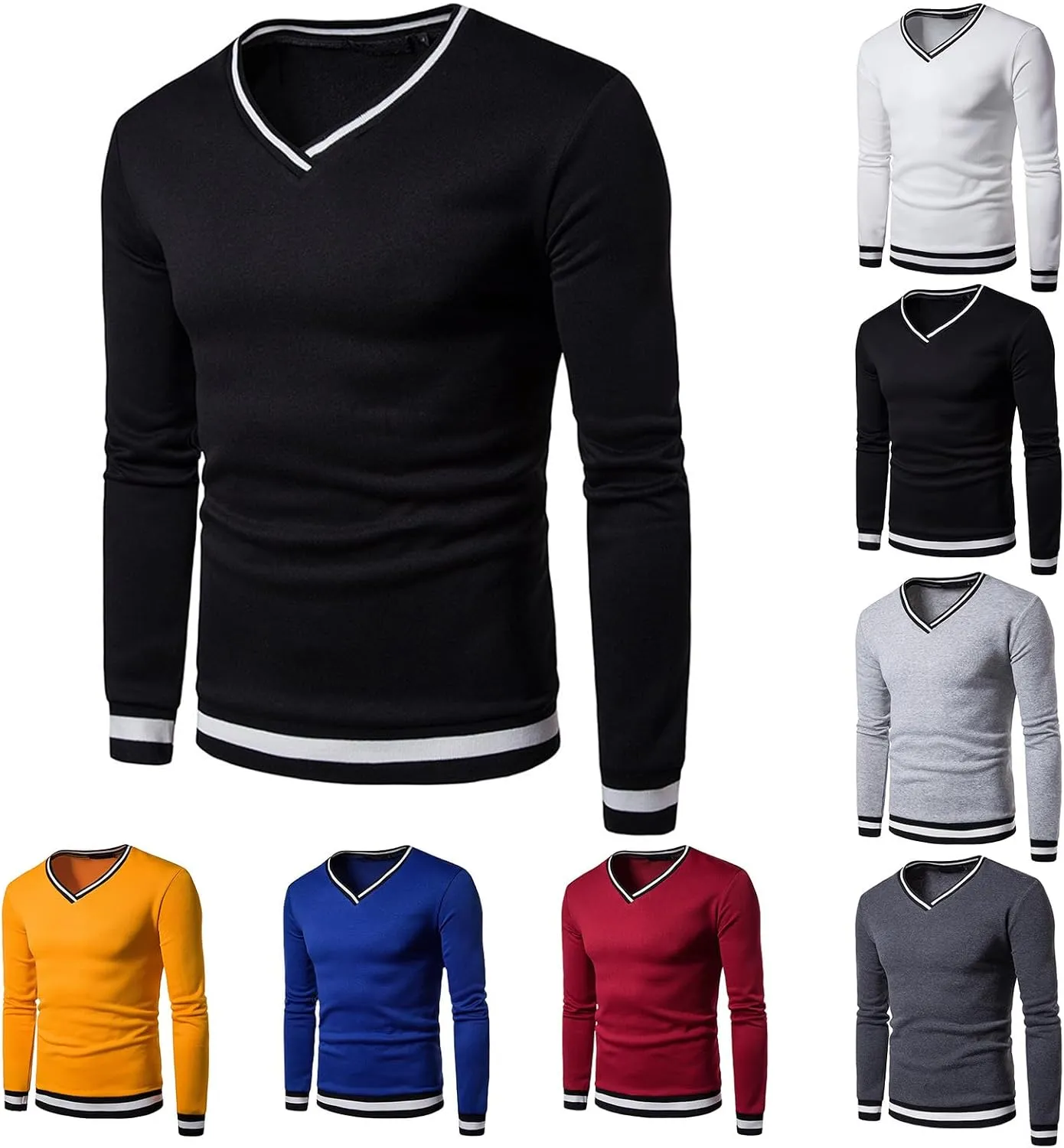 Wankang Men's V Neck Sweatshirt Casual Athletic Jumper Sweater Shirts Fall Long Sleeve Contrast Color Pullover Top for Men