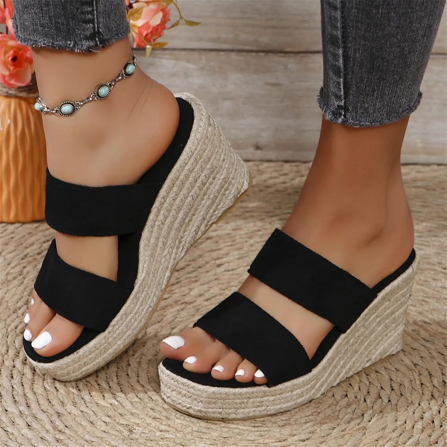 Wedge Sandals for Women 2025 Comfortable Orthopedic Slip on Sandals Open Toe Raffia Slippers Summer Casual Chunky Sandal Outdoor Shoes