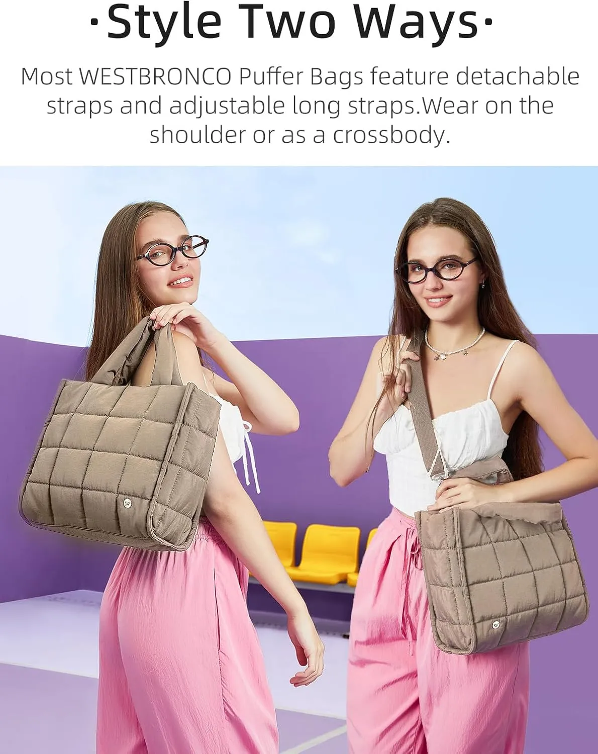 WESTBRONCO Puffer Crossbody Bags for Women Quilted Tote Bag Puffy Weekender Overnight Bag Nylon Shoulder Handbag