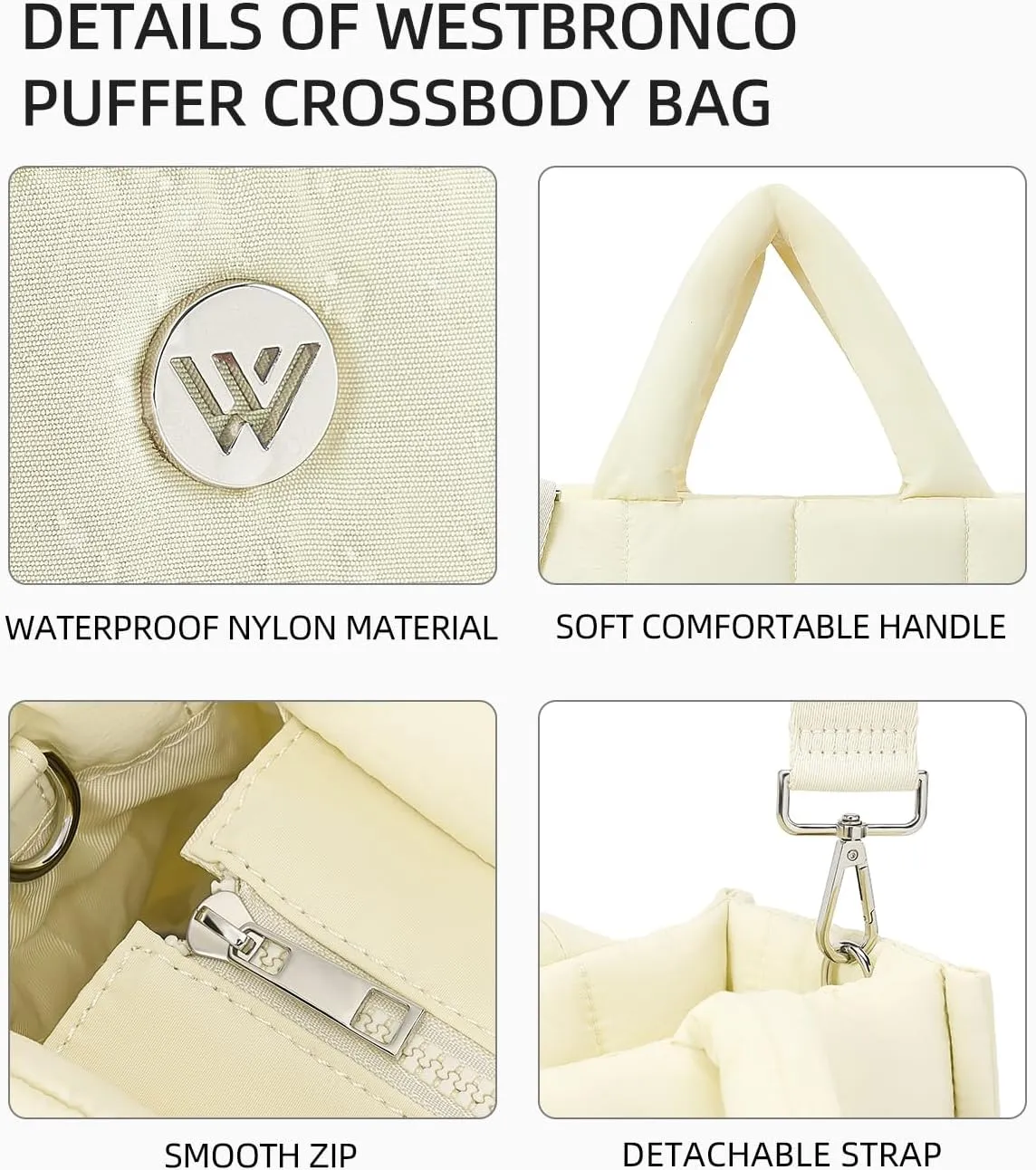 WESTBRONCO Puffer Crossbody Bags for Women Quilted Tote Bag Puffy Weekender Overnight Bag Nylon Shoulder Handbag