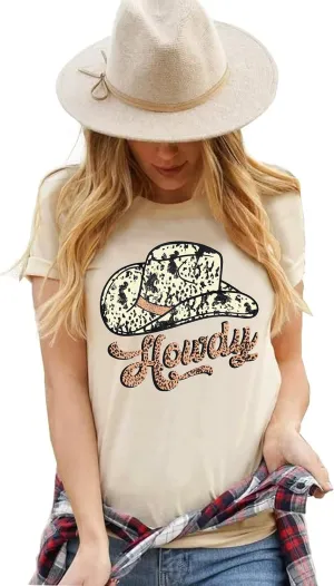 Western Howdy Hat T-Shirt Cowgirl Country Music Vintage Graphic Rodeo Cowboy Women Casual Summer Vacation Tee Tops