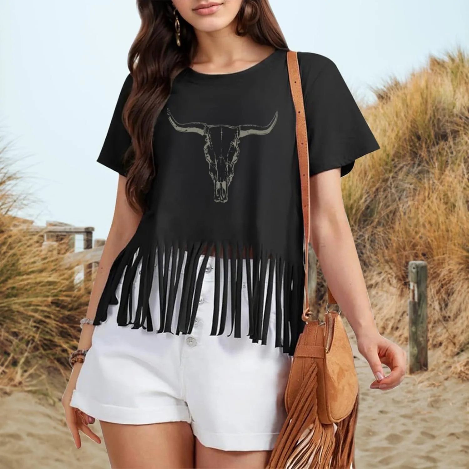 Western Rodeo Fringe Shirts for Women Cowgirl Cowboy Tshirt Cow Skull Vintage Country Music Graphic Tees Tassel Tops