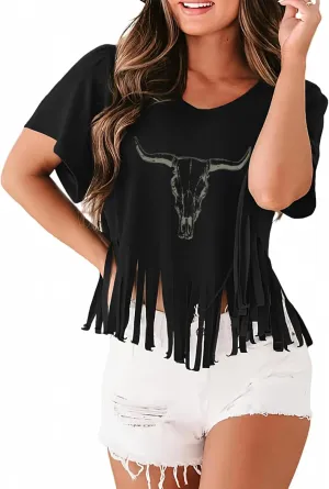 Western Rodeo Fringe Shirts for Women Cowgirl Cowboy Tshirt Cow Skull Vintage Country Music Graphic Tees Tassel Tops
