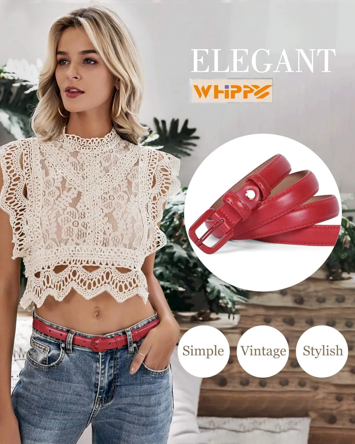WHIPPY Women Skinny Leather Belt Thin Waist Jeans Belt for Pants in Pin Buckle Belt
