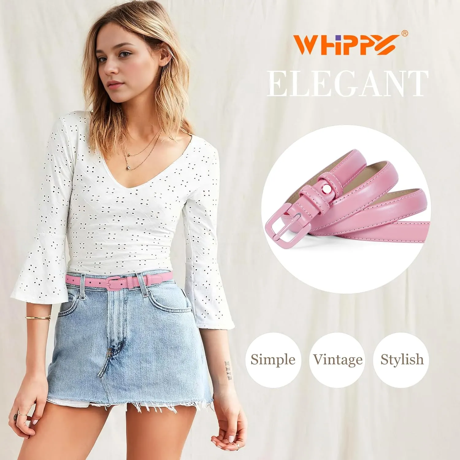 WHIPPY Women Skinny Leather Belt Thin Waist Jeans Belt for Pants in Pin Buckle Belt