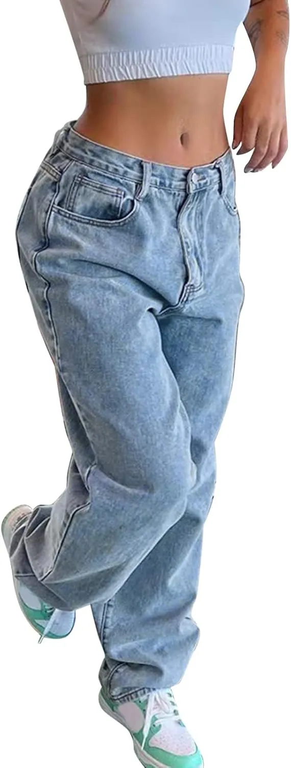 Wide Leg Jeans for Women Trendy High Waist Straight Leg Baggy Jeans Stretchy Denim Pants Trouser Cropped Denim Pants
