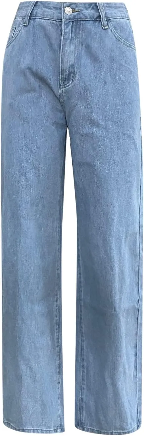 Wide Leg Jeans for Women Trendy High Waist Straight Leg Baggy Jeans Stretchy Denim Pants Trouser Cropped Denim Pants