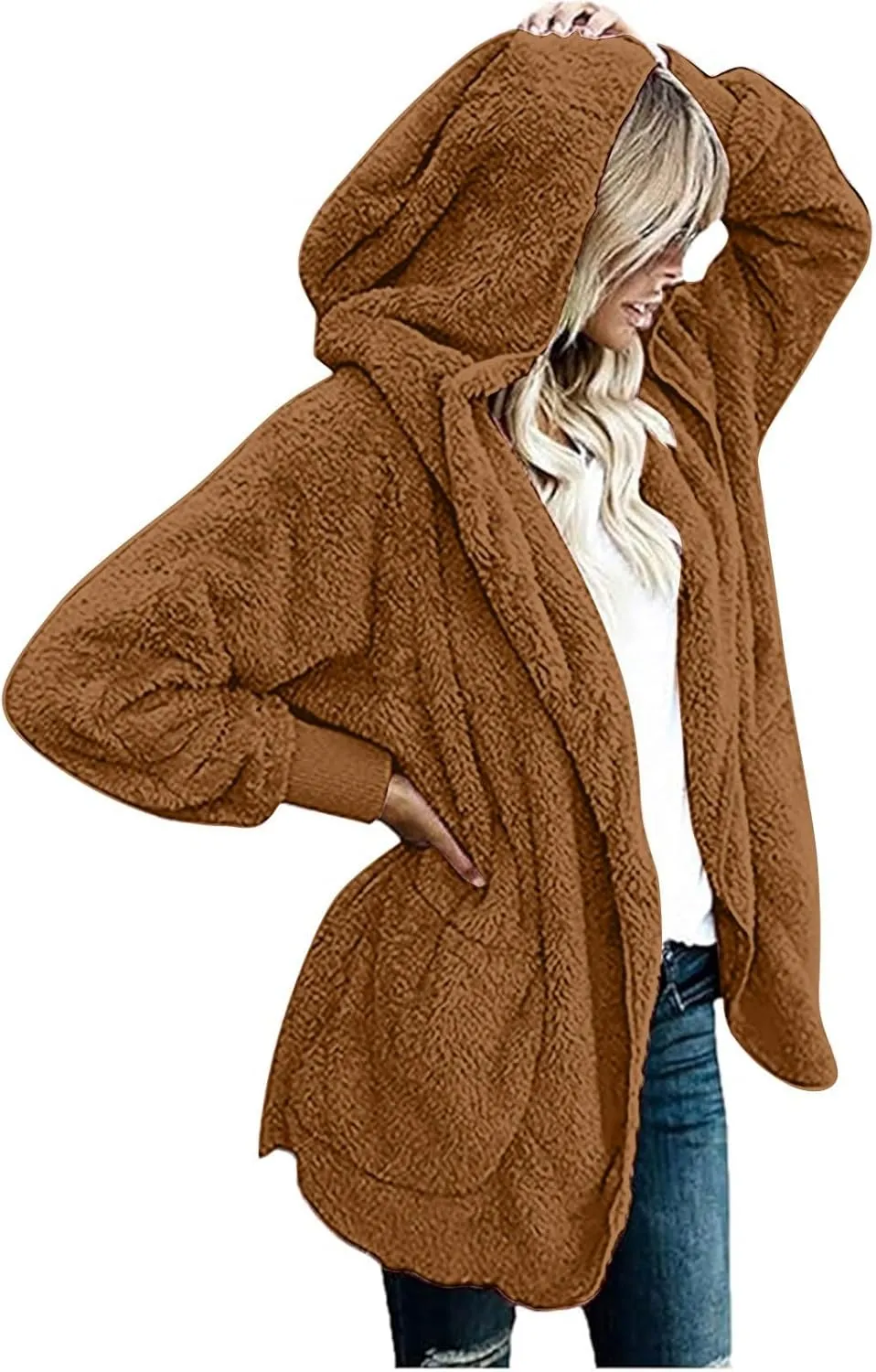 Winter Coats for Women 2024 Plus Size Long Sleeve Fuzzy Fleece Jacket Hooded Casual Warm Open Front Cardigans Outwear
