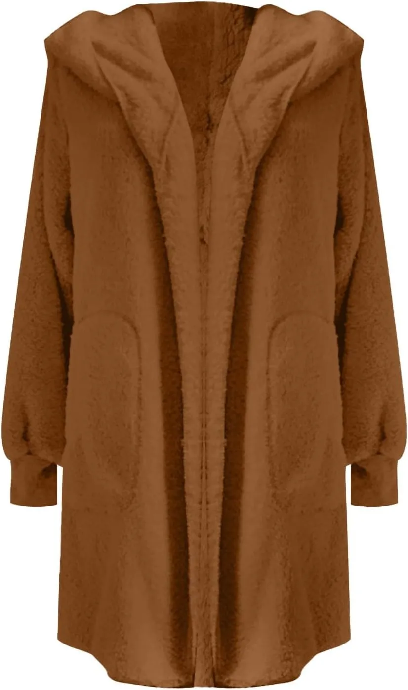 Winter Coats for Women 2024 Plus Size Long Sleeve Fuzzy Fleece Jacket Hooded Casual Warm Open Front Cardigans Outwear