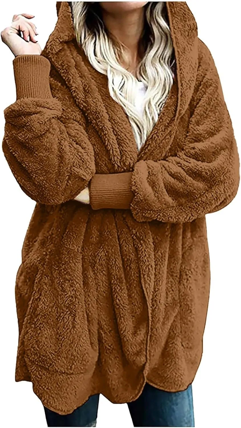 Winter Coats for Women 2024 Plus Size Long Sleeve Fuzzy Fleece Jacket Hooded Casual Warm Open Front Cardigans Outwear