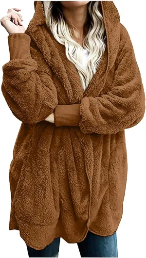 Winter Coats for Women 2024 Plus Size Long Sleeve Fuzzy Fleece Jacket Hooded Casual Warm Open Front Cardigans Outwear