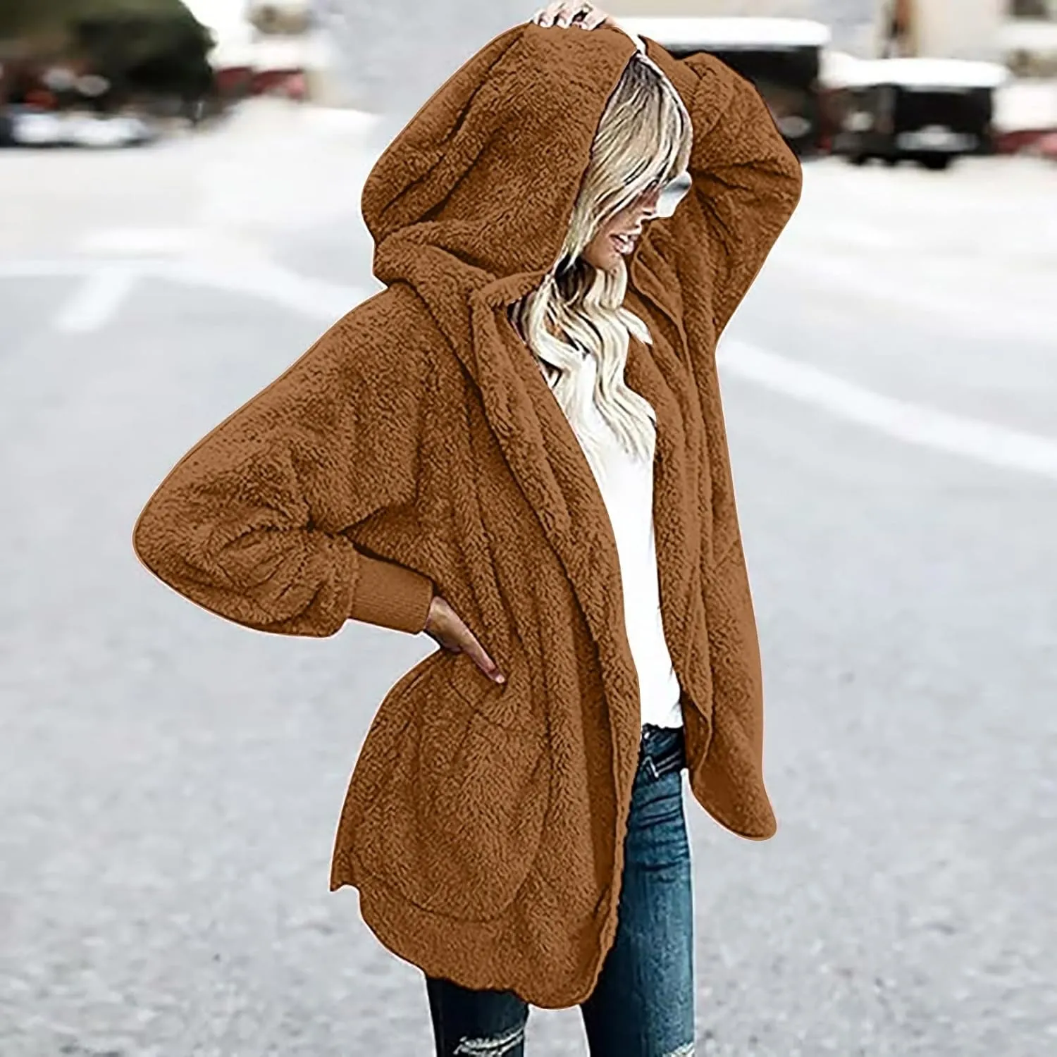 Winter Coats for Women 2024 Plus Size Long Sleeve Fuzzy Fleece Jacket Hooded Casual Warm Open Front Cardigans Outwear