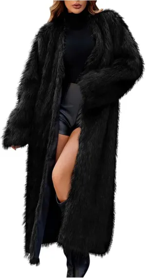 Winter Coats for Women Fashion Dressy Faux Fur Long Overcoat Open Front Warm Long Cardigan Fuzzy Sherpa Outfit