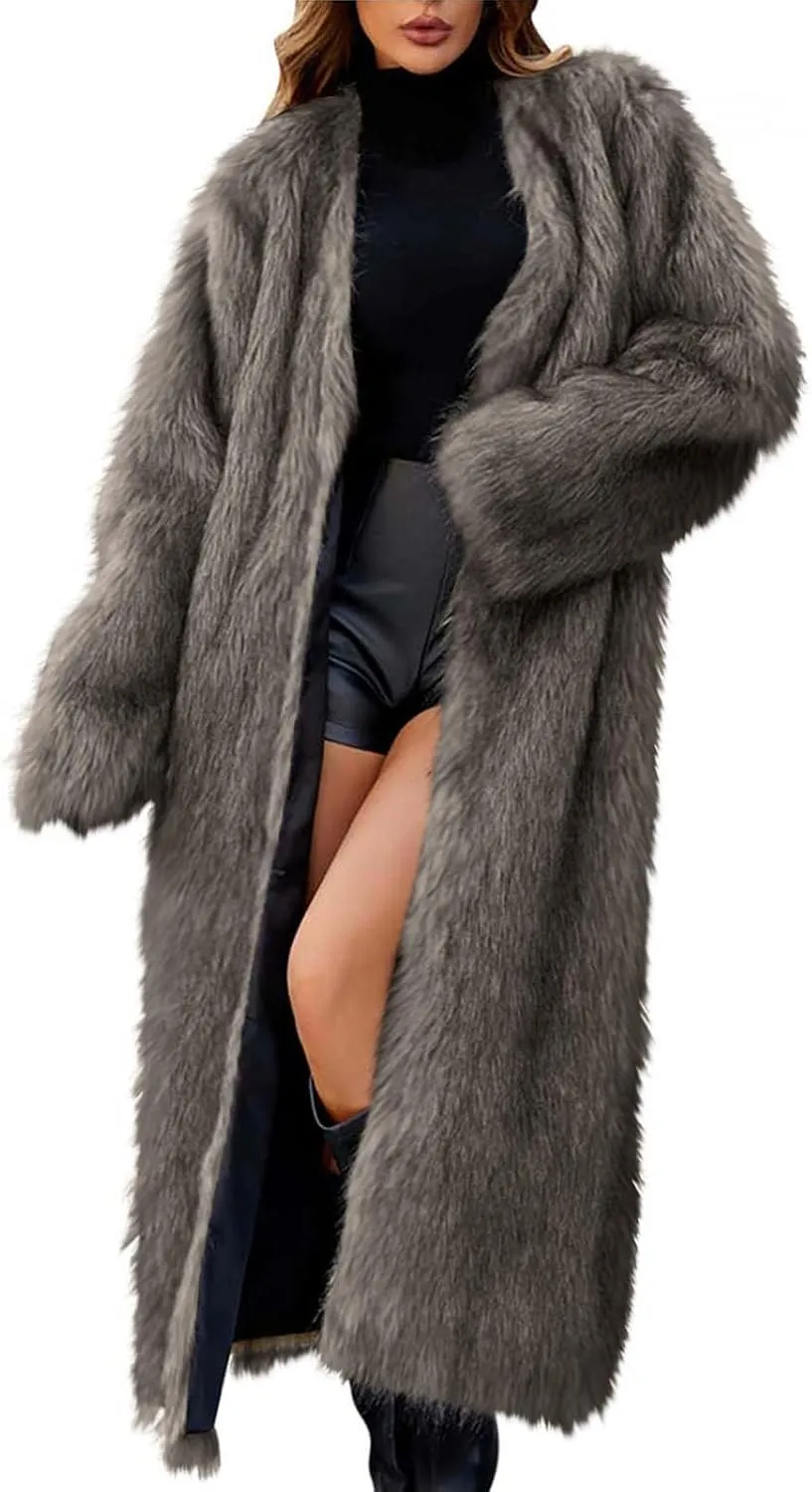 Winter Coats for Women Fashion Dressy Faux Fur Long Overcoat Open Front Warm Long Cardigan Fuzzy Sherpa Outfit