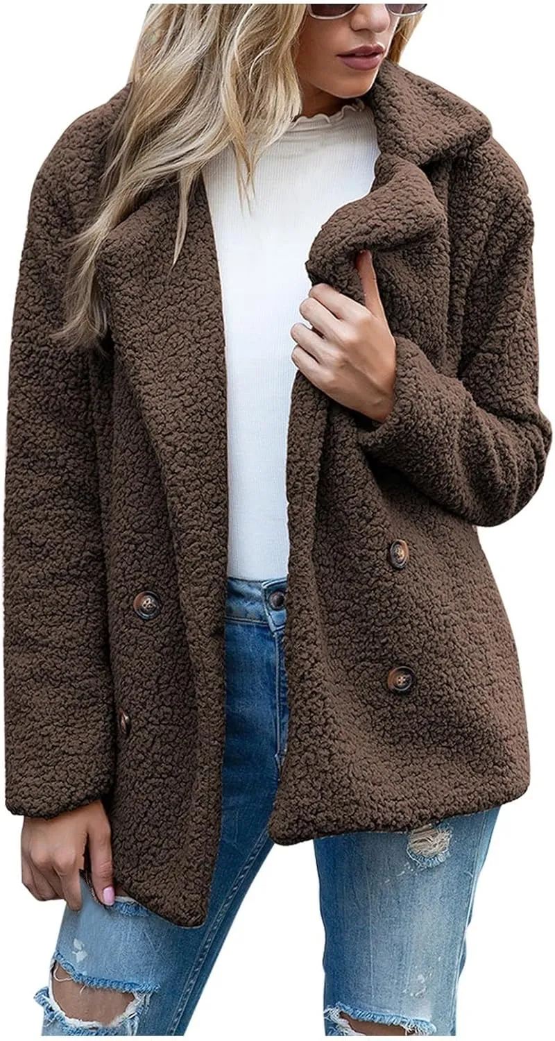 Winter Coats for Women Lapel Neck Button Sherpa Fleece Jacket Long Sleeve Teddy Faux Fur Coat with Pockets