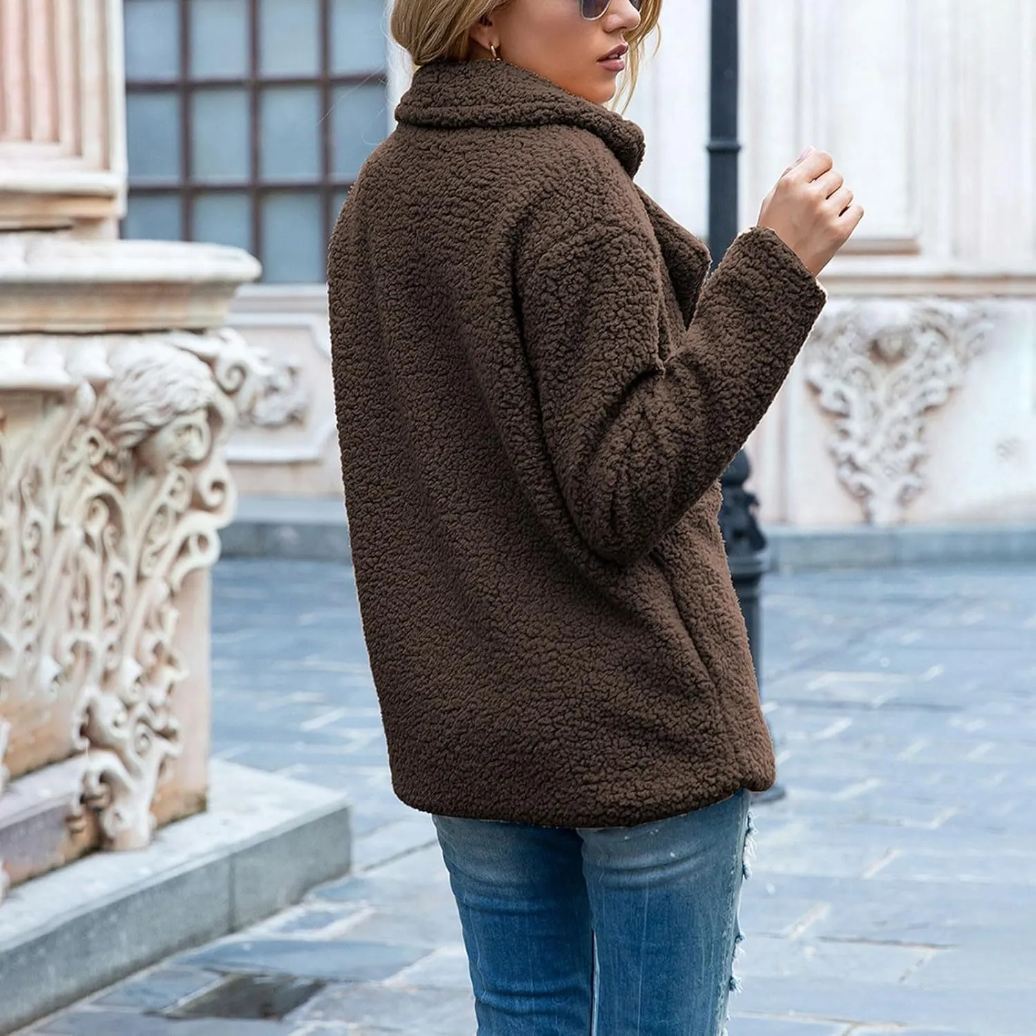 Winter Coats for Women Lapel Neck Button Sherpa Fleece Jacket Long Sleeve Teddy Faux Fur Coat with Pockets