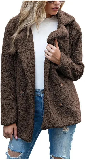 Winter Coats for Women Lapel Neck Button Sherpa Fleece Jacket Long Sleeve Teddy Faux Fur Coat with Pockets