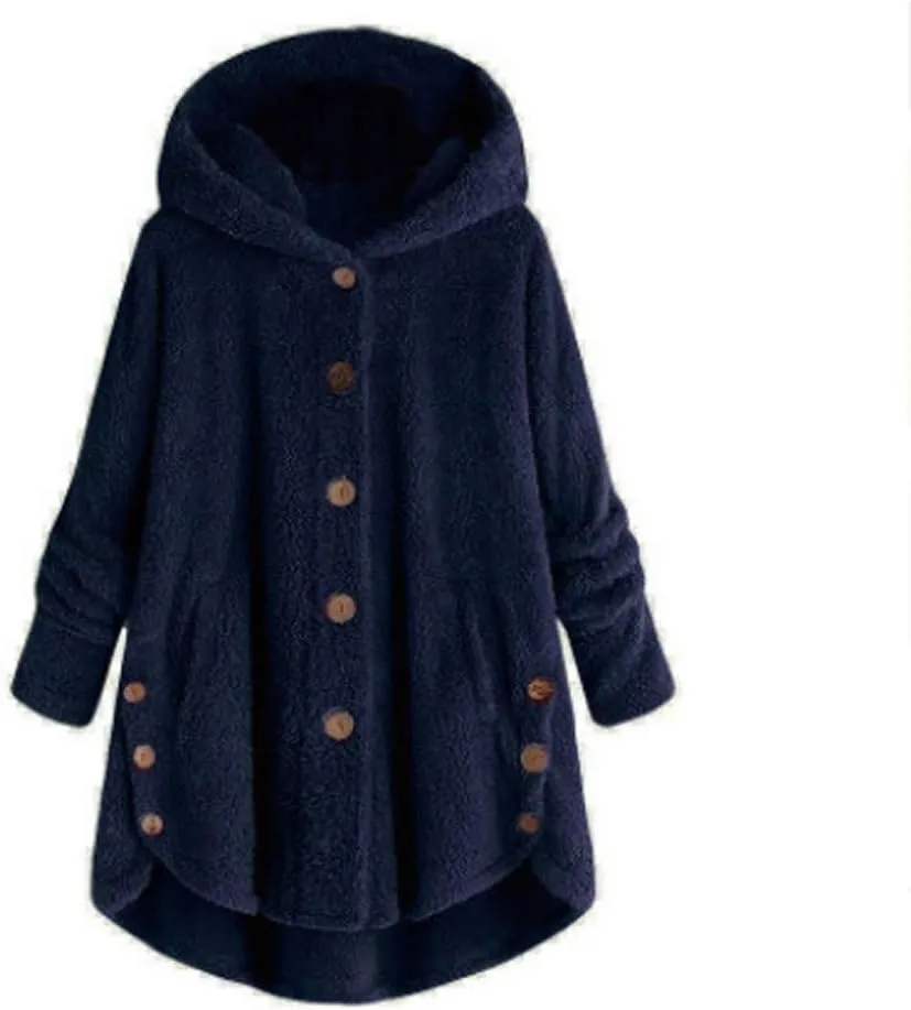 Winter Jackets for Women Fleece Button Jacket with Pockets Oversized Long Sherpa Hoodie Fuzzy Jacket Warm Teddy Coat
