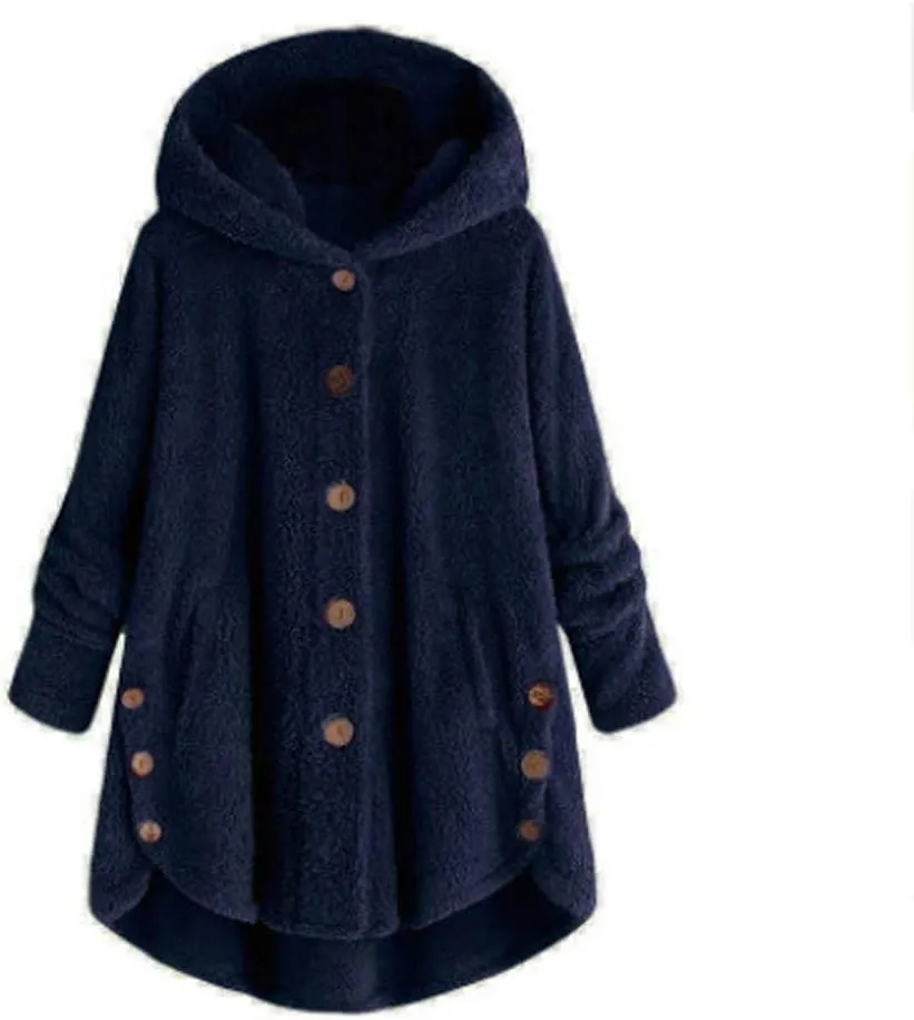 Winter Jackets for Women Fleece Button Jacket with Pockets Oversized Long Sherpa Hoodie Fuzzy Jacket Warm Teddy Coat