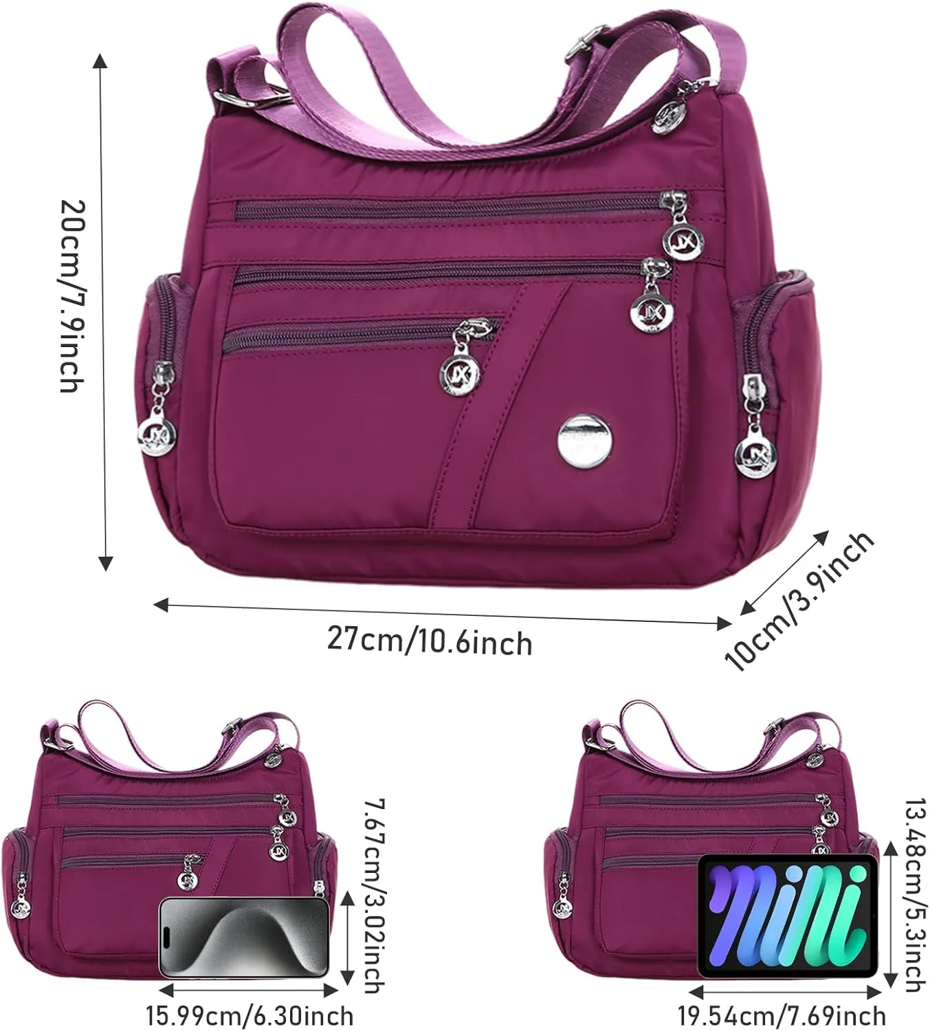 WITERY Nylon Crossboby Bags for Women - Waterproof Zipper Multi-Pocket Crossboby Purse Lightweight Shoulder Bag