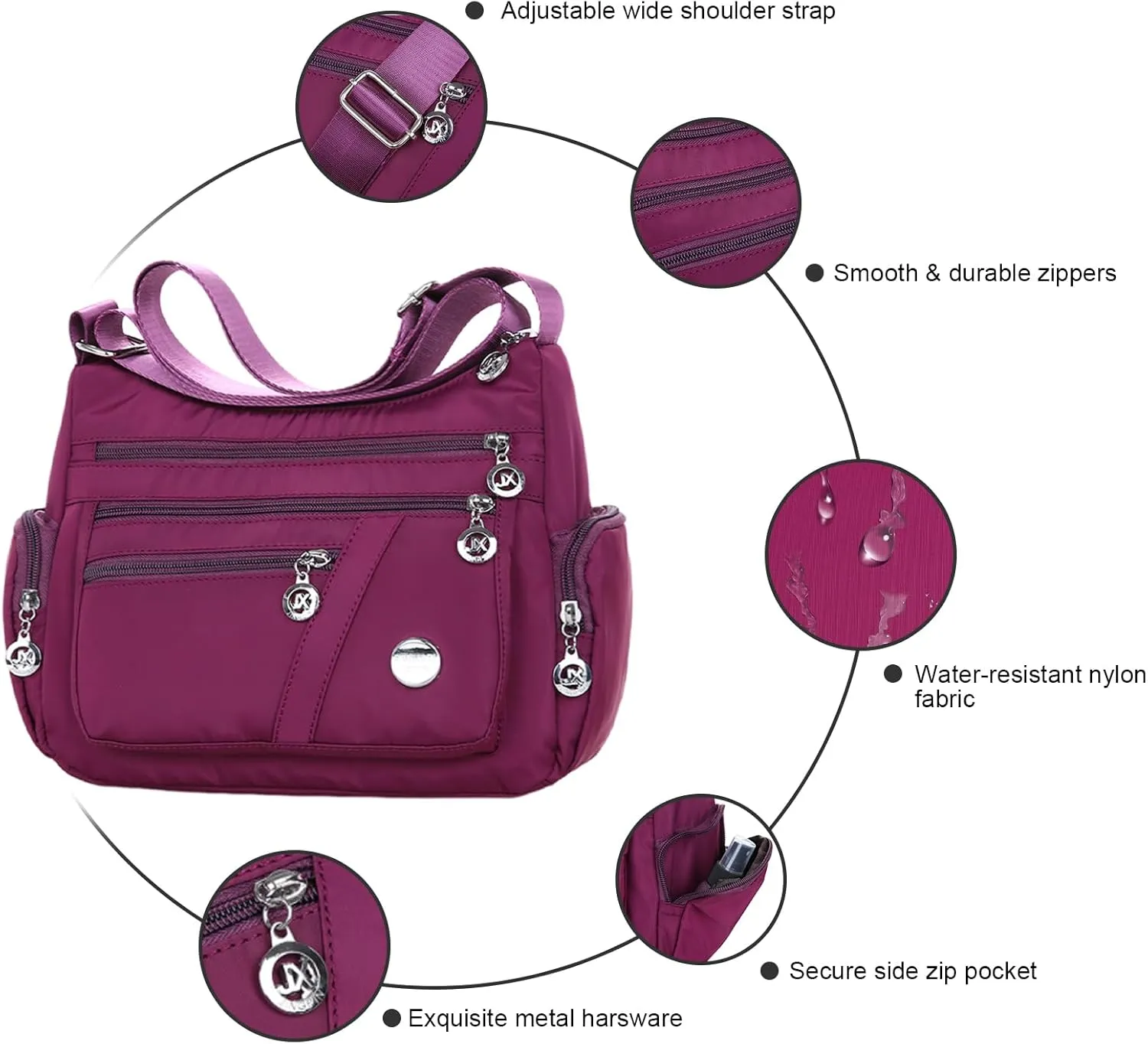 WITERY Nylon Crossboby Bags for Women - Waterproof Zipper Multi-Pocket Crossboby Purse Lightweight Shoulder Bag