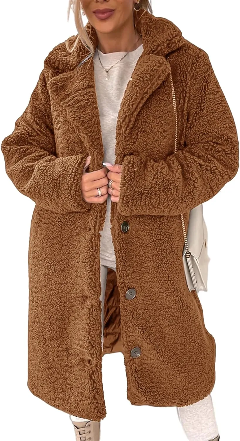 Women 2024 Winter Faux Fur Coats Oversized Sherpa Jackets Fuzzy Fleece Lapel Open Front Long Cardigan Warm Outerwear