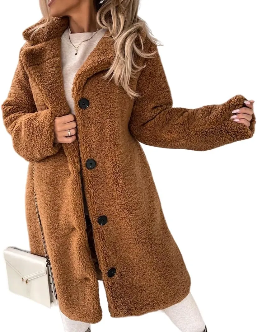 Women 2024 Winter Faux Fur Coats Oversized Sherpa Jackets Fuzzy Fleece Lapel Open Front Long Cardigan Warm Outerwear