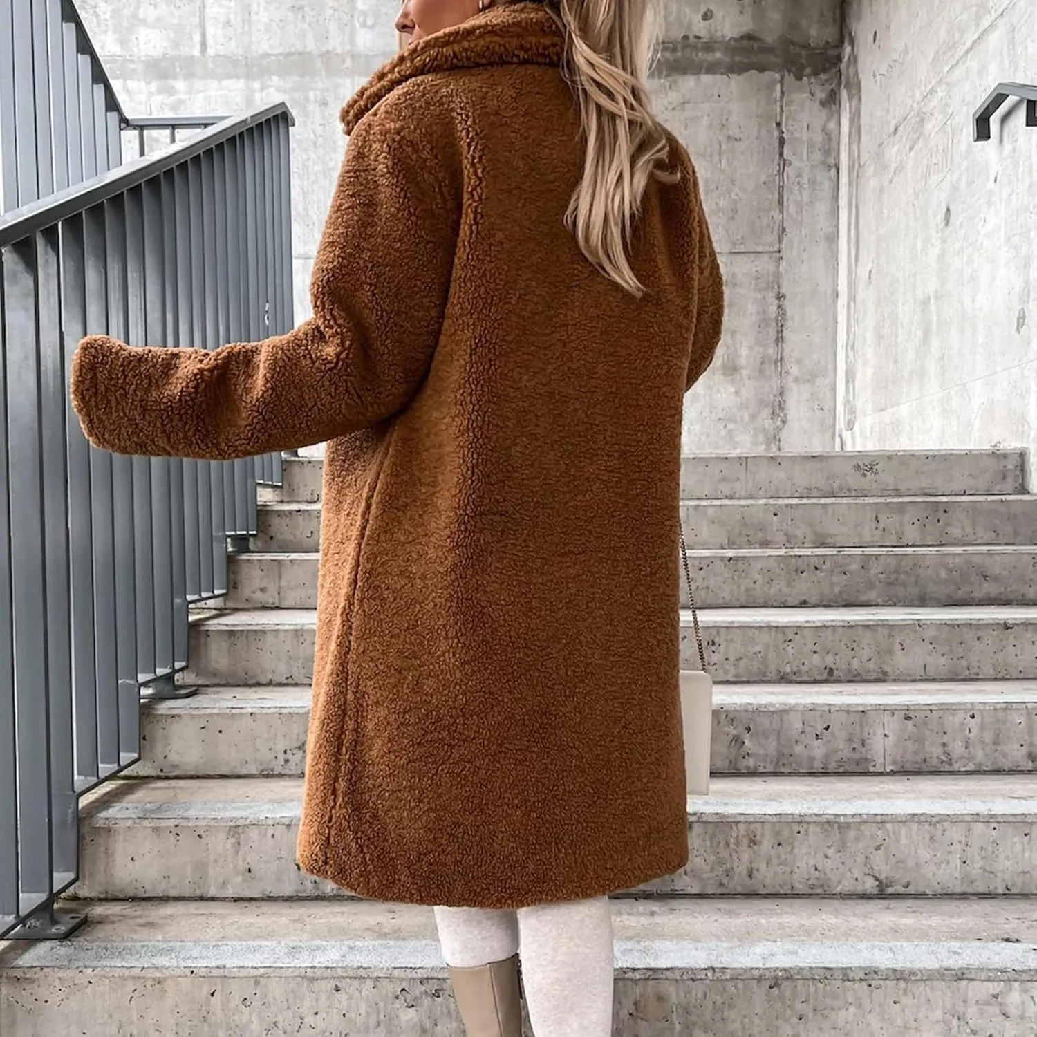 Women 2024 Winter Faux Fur Coats Oversized Sherpa Jackets Fuzzy Fleece Lapel Open Front Long Cardigan Warm Outerwear